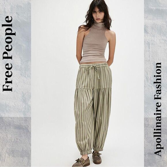 FREE PEOPLE ELLIE STRIPPED PULL ON PANTS MINT COMBO MEDIUM NEW - Picture 1 of 8